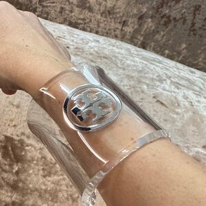 Tory Burch Clear and Silver Logo Cuff
